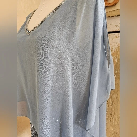 JKARA Blue Sequence Asymmetrical Cape/Shawl Flutter Sleeves Sheath Dress-Size 6P - Picture 2 of 9